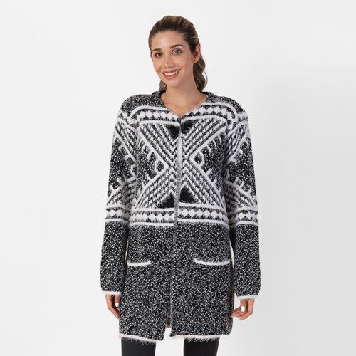 Langer Cardigan mit Taschen und Knopf, gestrickt, Einheitsgröße Geometrisch image number 0