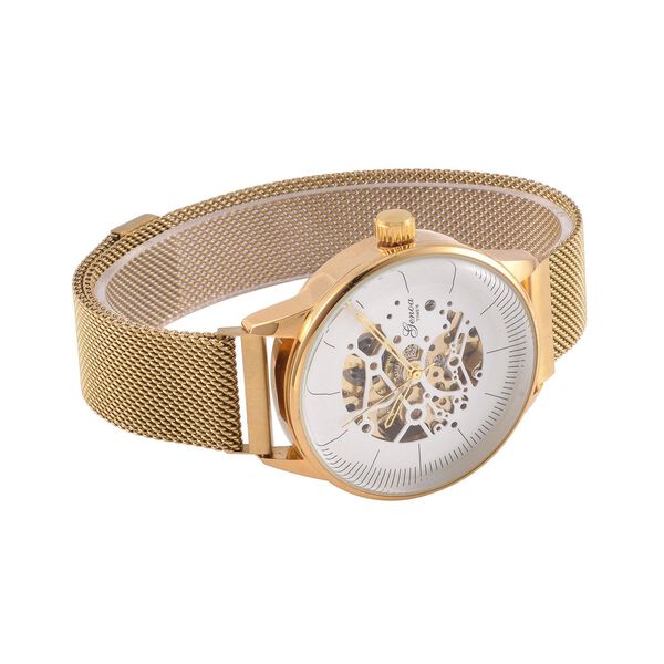 GENOA Automatik-Uhr, Weißes ausgehöhltes Sonnenstrahl-Zifferblatt, goldfarbenes Gehäuse & goldfarbenes Edelstahlarmband, 10.25 cm image number 4