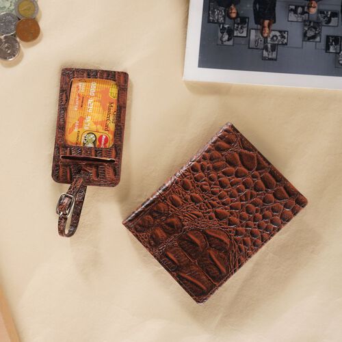 2er Set - Reisepass-Etui aus 100% echtem Leder mit RFID Schutz, mit passendem Kofferanhänger, Krokoprägung, braun image number 1
