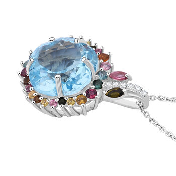 AA Blau Topas, Multi-Turmalin und Zirkon Anh&auml;nger mit 50cm Kette - 14,15  ct.