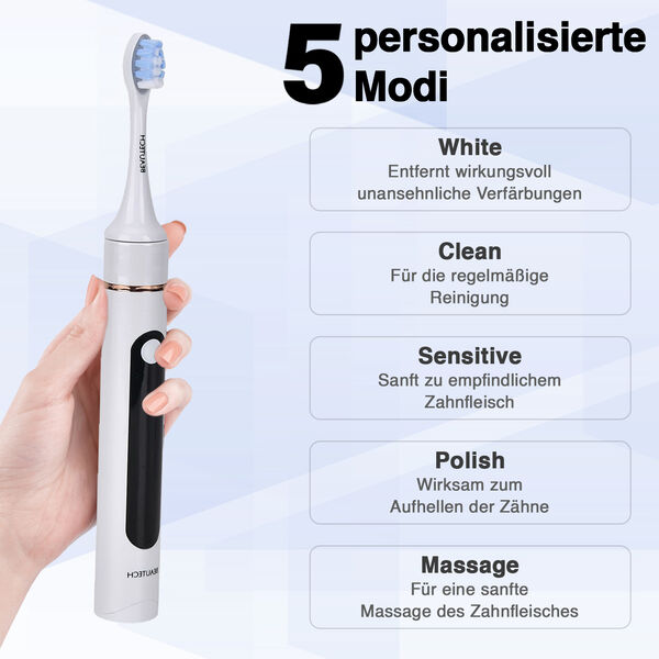 BEAUTECH Zahnb&uuml;rste mit therapeutischem LED-Licht, 5 Modi und 4 zus&auml;tzliche K&ouml;pfe, Wei&szlig; image number 4