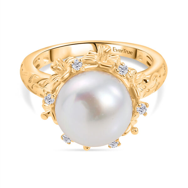 S&uuml;&szlig;wasser Perle, Wei&szlig;er Zirkon Ring, Messing, ca. 9.5 mm, (Gr&ouml;&szlig;e 18.00)