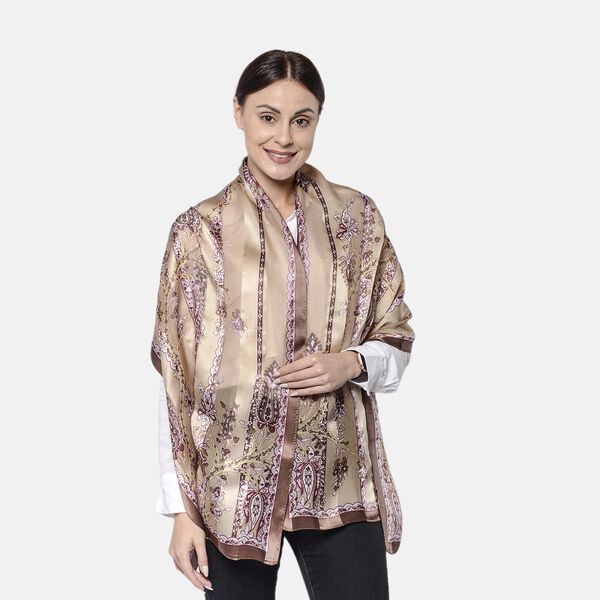 LA MAREY: Bedruckter Schal aus 100% Maulbeerseide, Schn&ouml;rkel-Blumenmuster, inkl. Geschenkbox, Braun-Rosa&nbsp;