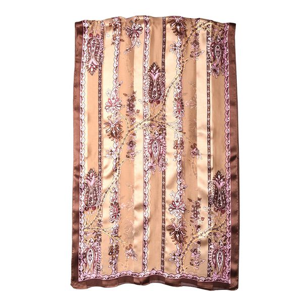 LA MAREY: Bedruckter Schal aus 100% Maulbeerseide, Schnörkel-Blumenmuster, inkl. Geschenkbox, Braun-Rosa image number 4