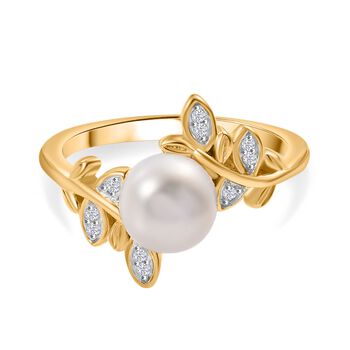 S&uuml;&szlig;wasser Perle, Wei&szlig;er Zirkon Ring 925 Silber vergoldet (Gr&ouml;&szlig;e 17.00)