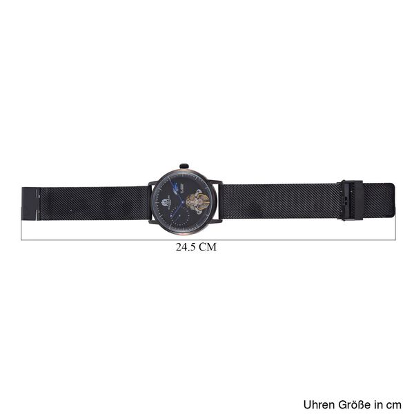 William Hunt Automatik-Uhr - IP-schwarzbeschichtetes Edelstahlgeh&auml;use, schwarzes Multifunktionszifferblatt mit gew&ouml;lbtem Glas, Edelstahl-Mesh-Armband, Glasboden, 5 ATM wasserdicht, Reiner Edelstahl image number 7