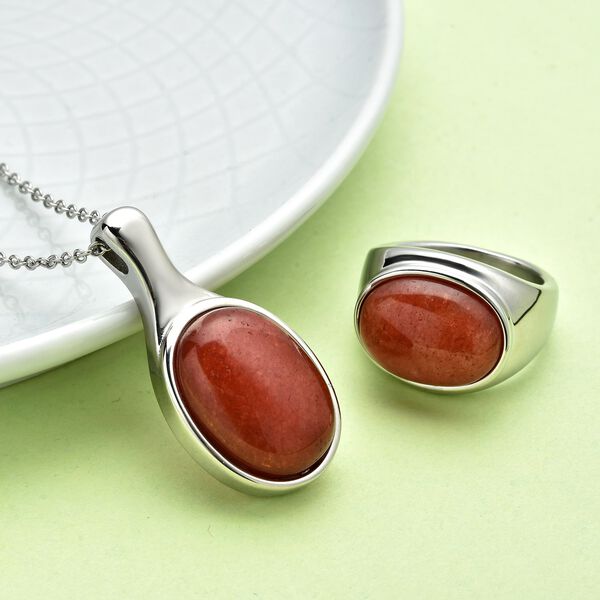 2er- set gef&auml;rbter, roter Achat-Ring und Anh&auml;nger mit Kette, ca. 50 cm, 316L Edelstahl , ca. 27.00 ct image number 2