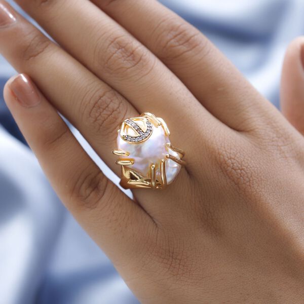 Wei&szlig;e Barockperle, Wei&szlig;er Zirkon Ring 925 Silber Gelbgold Vermeil (Gr&ouml;&szlig;e 16.00) ca. 0.60 ct image number 2