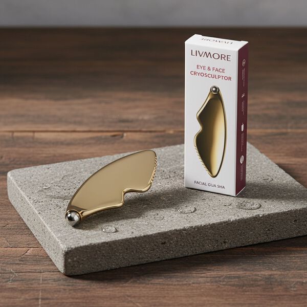 "FACE & EYE CRYOSCULPTOR Six-Sided Sculpting & Contouring Gua Sha 360° rolling eye massager Pure metal material Detachable magnetic rolling head SIZE: 120*38*10MM MATERIAL: METAL COLOR: GOLDEN" image number 2