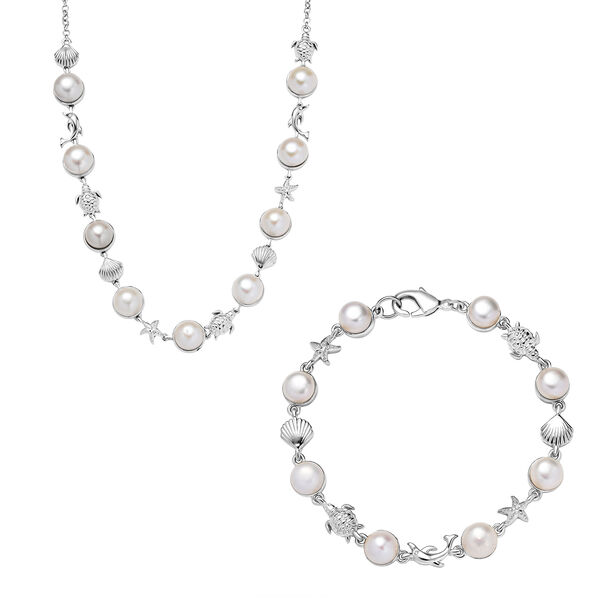 EverTrue S&uuml;&szlig;wasserperle 50cm Halskette und 19cm Armband in Silberton