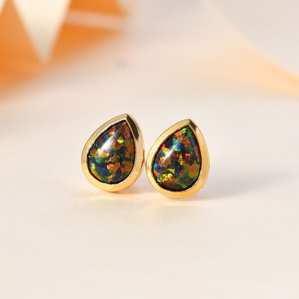 Labor erstellt schwarzen Opal Ohrringe 925 Silber 750 Gelbgold Vermeil ca. 1,09 ct. image number 2