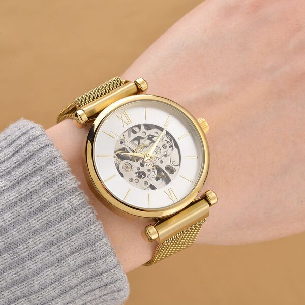 GENOA TIME V2 Automatik-Mechanische Uhr, wei&szlig;es Sonnenschliff-Zifferblatt, Wasserdicht, Goldfarben image number 2