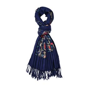 Bestickter Schal mit Fransen, Paisley-Muster, Dunkelblau