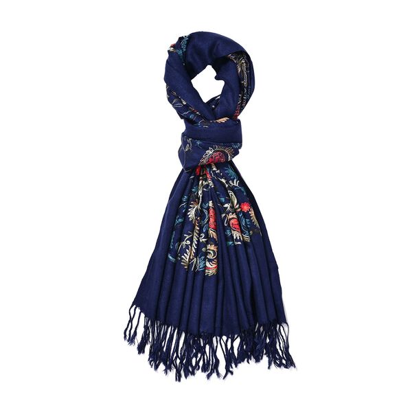 Bestickter Schal mit Fransen, Paisley-Muster, Dunkelblau image number 0