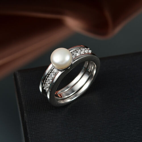 Süßwasser Perle (8-8.5mm), Weißer Zirkon Ring Messing (Größe 18.00) image number 1