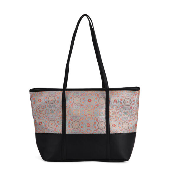 Schultertasche modischem Print, gro&szlig;e Kapazit&auml;t, mit Rei&szlig;verschluss und Innentasche, 48x29x14 cm, Polyester mit PU-Leder, Blau mit Blumenmuster