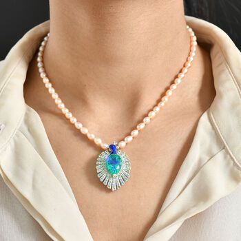 D'Joy Pfau Quarz Triplett, Perle, blaue Apatit und Peridot 50cm Halskette