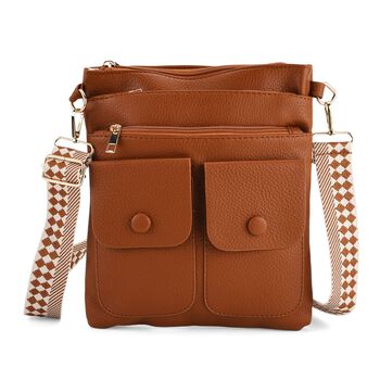 Umh&auml;ngetasche aus feinem Lederimitat mit mehreren Taschen, 120cm Trageriemen, 24x27cm, Braun