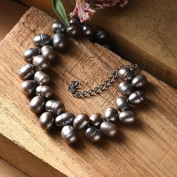 S&uuml;&szlig;wasserperlen-Armband, grau gef&auml;rbt, Tropfenform, ca. 19 cm, Edelstahl