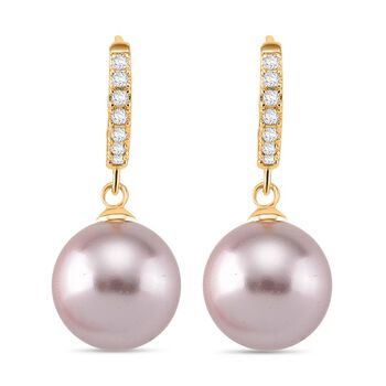 Lila Muschelkernperle, Wei&szlig;er Zirkonia Ohrringe, Nickelfreies Messing gelb vergoldet