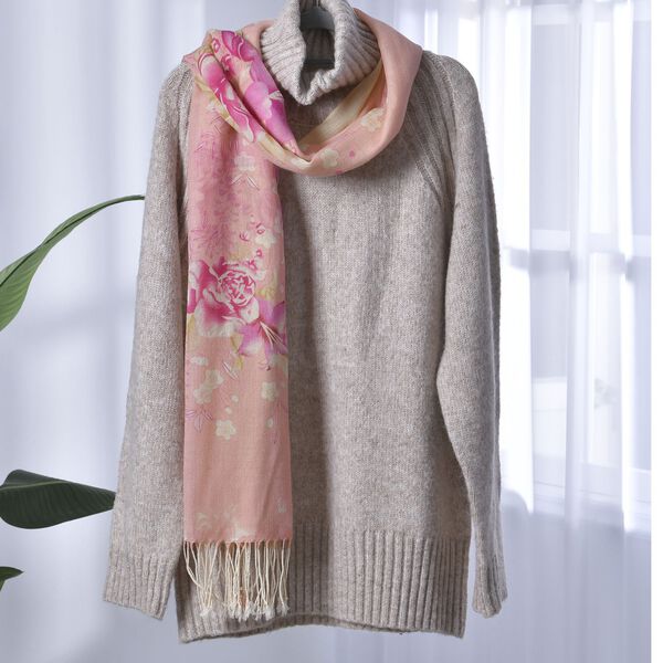 100% Merino Wollschal mit Quasten, rosa Blumenmuster image number 3