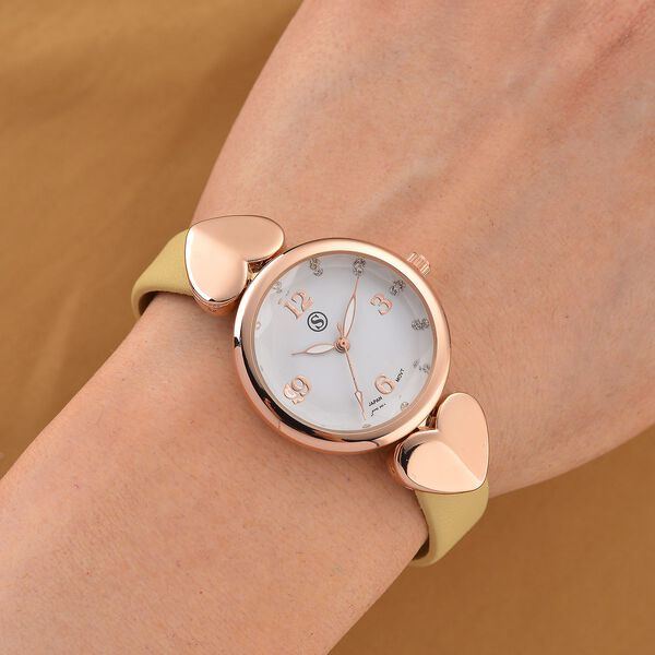 STRADA Uhr mit PC21S Japan-Uhrwerk, Edelstahl-Mesh-Armband, Roségoldfarben mit Kristallzifferblatt, Aprikose image number 2