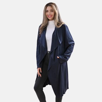 LA MAREY - lange offene Jacke aus Kunstwildleder mit Wasserfallkragen, Gr&ouml;&szlig;e M, Dunkelblau