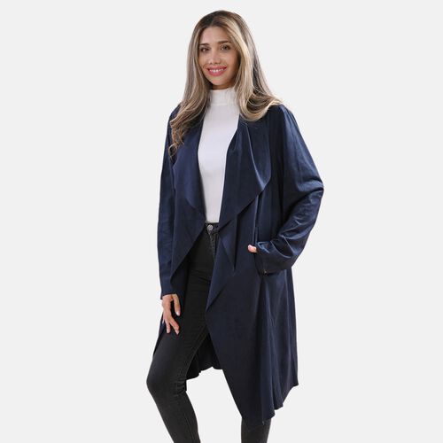 LA MAREY - Kunstwildleder Cardigan mit Wasserfallkragen, Größe L, Dunkelblau image number 0