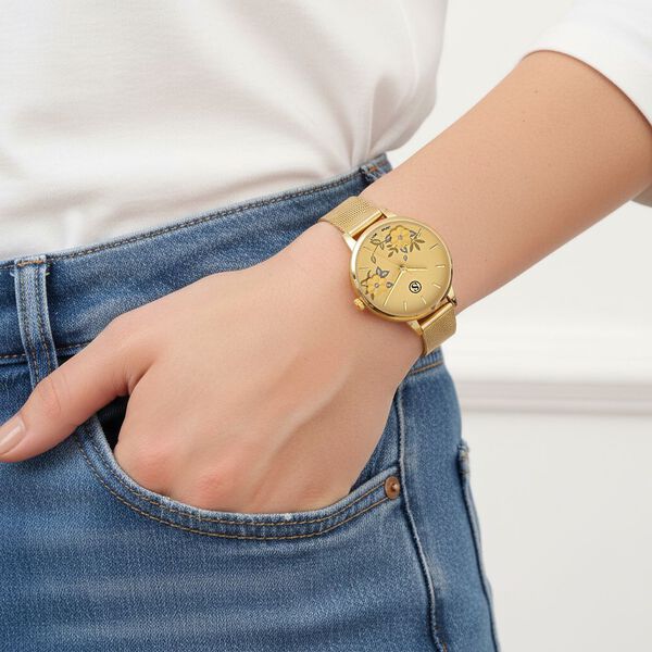 STRADA Uhr mit Japanischem PC21S Werk, Edelstahl-Mesharmband Goldfarben, florales Zifferblatt Gelb mit Wei&szlig;em Kristall image number 3