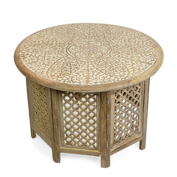 NAKKASHI - handgeschnitzter, klappbarer Couchtisch aus Mangoholz, wei&szlig; lackiert