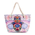 lifestyle-Color:white with hand print; Size/Profile:tote bag; Wall (exterior):Polyester,Lining (Interior):polyester Pockets (exterior):Zipped-1;Pockets (interior):slip-1;Measurement (inches):15.95*7.08*14.96inch; Closure Type: zipped; Hardware Type: