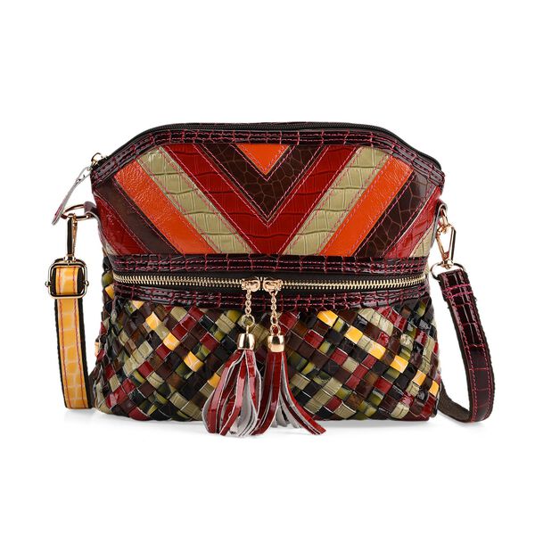 CHAOS BY ELSIE Leder Crossbody Tasche mit RFID Schutz und Rei&szlig;verschlussf&auml;chern 25.5 x 10 x 22 cm Multicolor Rautenmuster