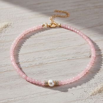 Muschelkernperle, Rosenquarz und wei&szlig;e Kristall 40,5+10cm Halskette