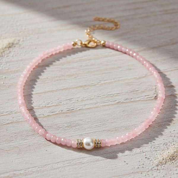 Muschelkernperle, Rosenquarz und wei&szlig;e Kristall 40,5+10cm Halskette image number 2