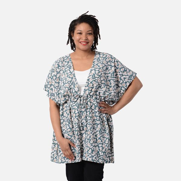 Kimono mit G&uuml;rtel, Blumenmuster, Dunkelgr&uuml;n, Einheitsgr&ouml;&szlig;e