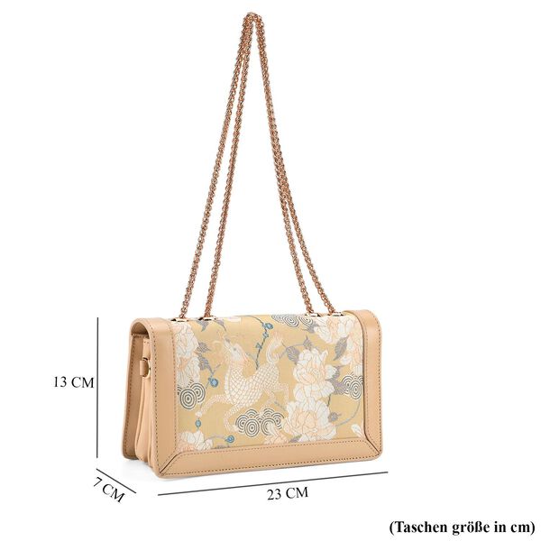 LA MAREY Brokat Crossbody Tasche aus Seide und Echtleder, 23x13x7cm, Beige image number 7