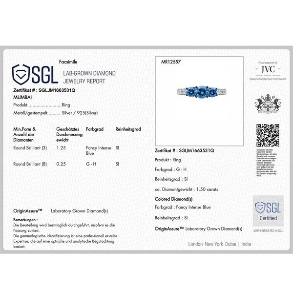 LUXURIANT DIAMOND - Lab Grown Blauer Diamant SI-GH SGL zertifiziert Ring 925 Silber rhodiniert (Gr&ouml;&szlig;e 19.00) ca. 1.50 ct image number 6
