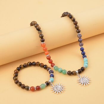 2er Set - Sonnensymbol Anh&auml;nger Set mit Mehrfarbigen und Tigerauge Edelsteinperlen Chakra Halskette und Armband