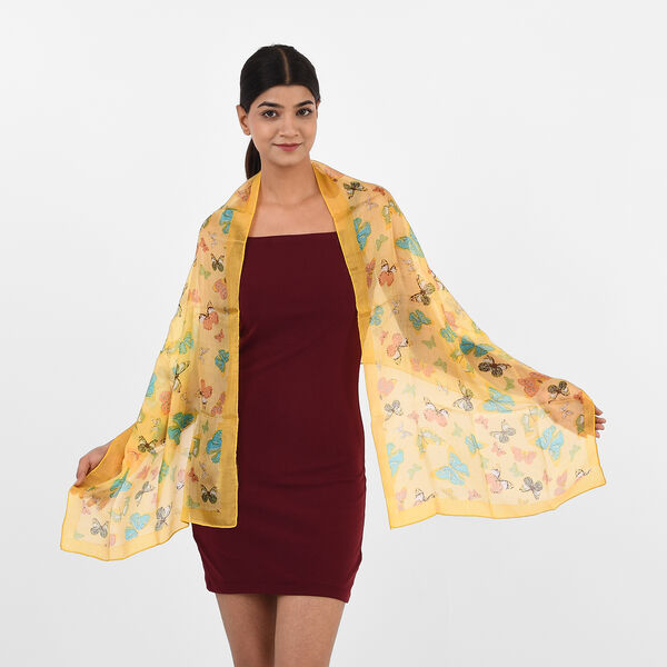 Bedruckter 100% Satin-Seidenschal, 48x160cm, gelb image number 2