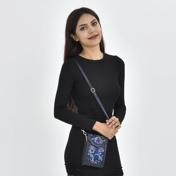 Luxury Edition: Seidenbrokat Handytasche aus echtem Leder und Satin Geschenkbox, RFID, Lila Blumig image number 1