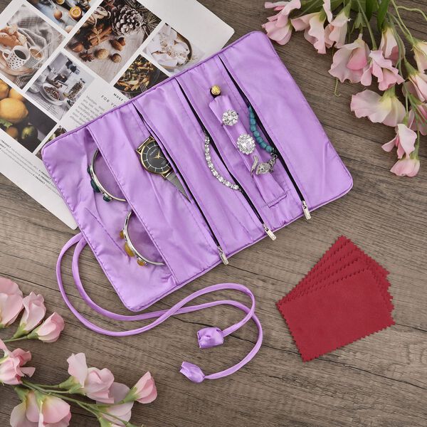 Schmuckorganizer aus Satin mit Stickerei und 5 Premium-Poliert&uuml;chern, 20x9cm, Lavendel image number 14