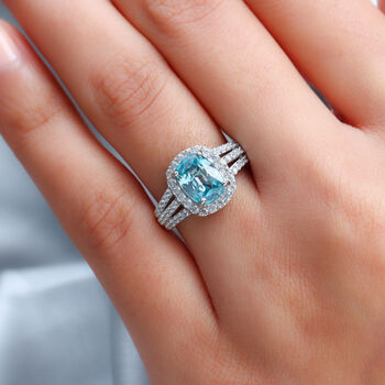 Blauer und Wei&szlig;er Zirkon Ring 925 Silber platiniert