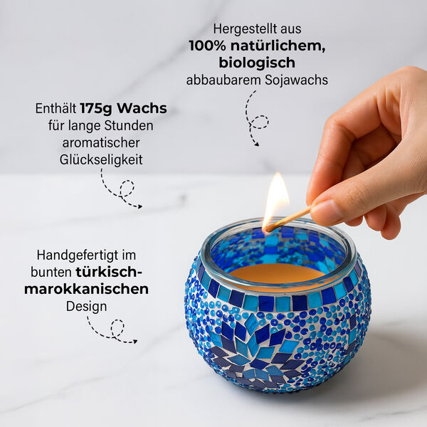 Duftkerze, Mosaikglas Blau, Rose, Sojawachs, 10x8cm image number 3
