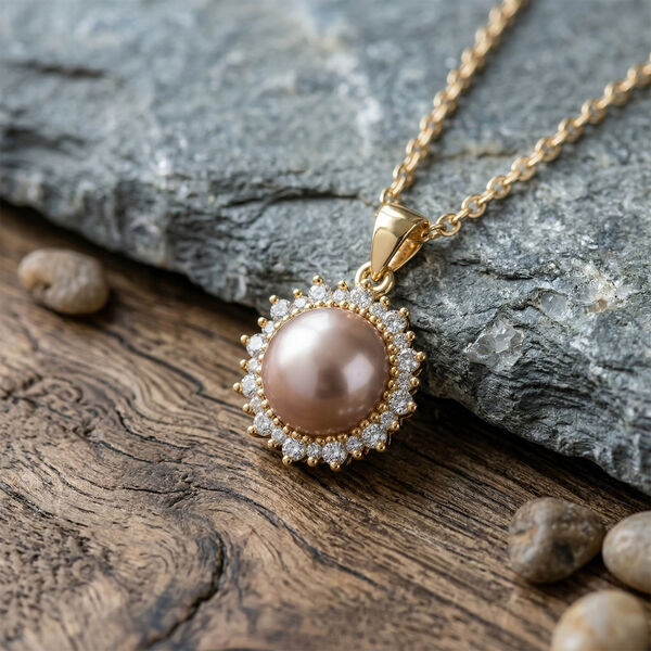 Lila Edison Perle (9-11 mm), Wei&szlig;er Zirkonia Anh&auml;nger mit Kette, ca. 50 cm Nickelfreies Messing, Reines Kupfer vergoldet image number 2