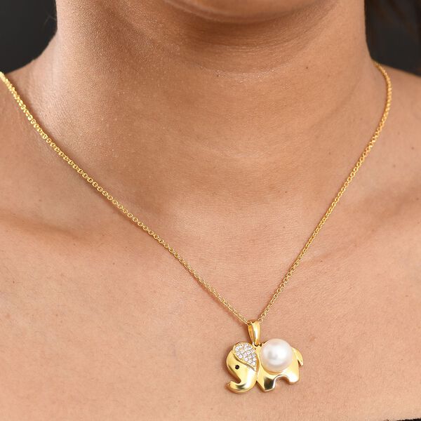 Weiße Süßwasser Perle, Weißer Zirkon Anhänger mit Kette ca. 50 cm, nickelfreies Messing image number 3