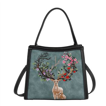 Bestickte Crossbody Tasche, Kunstleder, Rentier Design, 25 x 11 x 21 cm, Blau