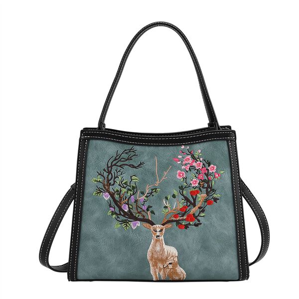 "PU Embroidered crossbody bag Color: Blue Size:  25*11*21cm   Wall: PU Lining: Polyester Exterior:zipped-1,pocket-1 Interior: zipped-2,slid-1 Long Shoulder strap:130cm " image number 0