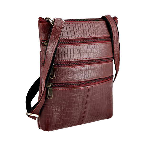 Echtleder Crossbody Tasche mit Kroko Prägung, Multi-Fächer, 20 x 24 cm, Kirsch image number 6