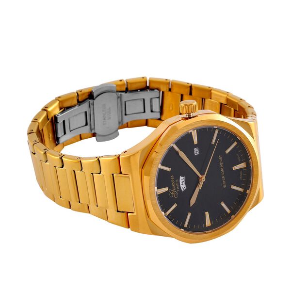 GENOA - Japanisches Uhrwerk, Schwarzes Sonnenschliff-Zifferblatt mit Balkenindexen, Edelstahl mit Faltschlie&szlig;e, Reiner Edelstahl, 20 cm, Goldfarben image number 6