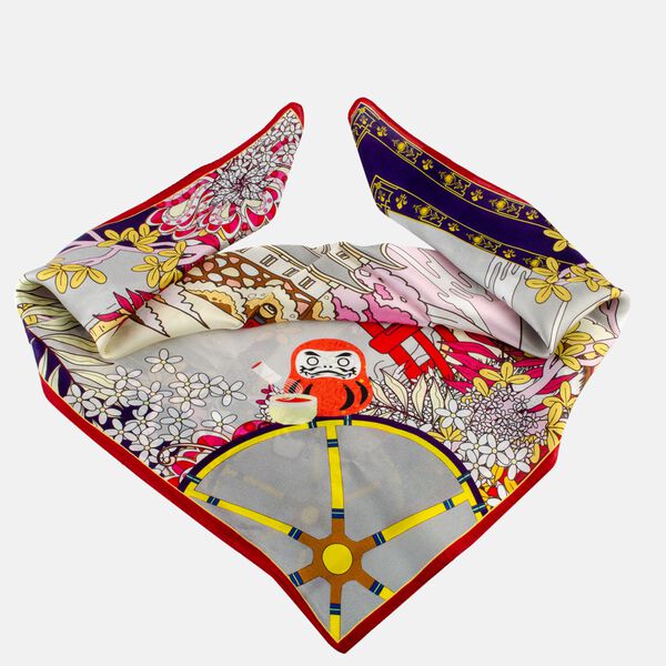 LA MAREY - Maulbeerseiden Foulard, Japanischer Tempel Druck, Weiß image number 4